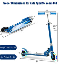 Blue kids scooter dimensions diagram ages 3 plus foldable adjustable height — kids scooter Australia EcoBike

