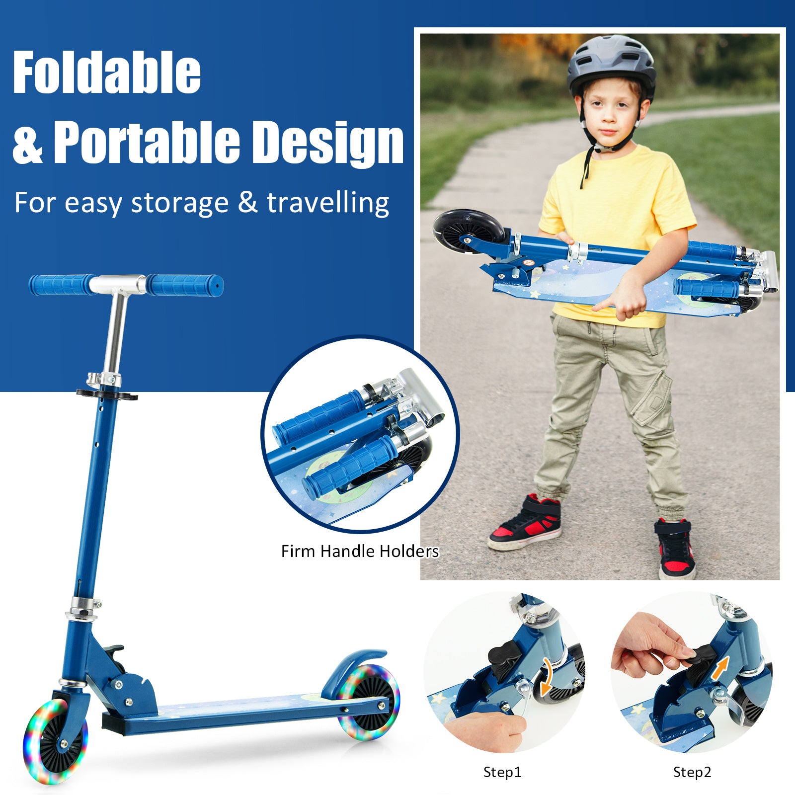 Blue kids scooter foldable portable design 2-step fold — electric scooter for kids Australia EcoBike
