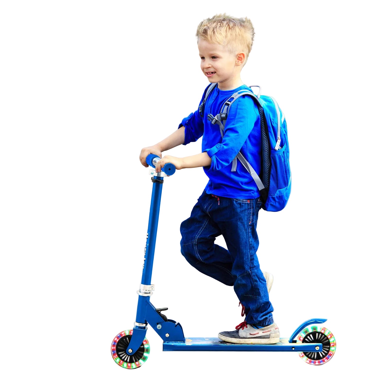 Boy riding blue kids scooter with LED light-up wheels outdoors — best kids scooter Australia EcoBike
