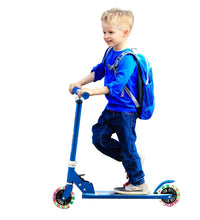 Boy riding blue kids scooter with LED light-up wheels outdoors — best kids scooter Australia EcoBike
