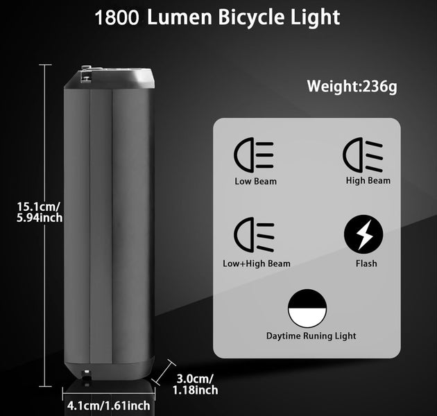 EcoBike 1800 Lumen LED bike light bar dimensions and lighting modes – Low Beam, High Beam, Flash and Daytime Running Light – front bicycle light Australia