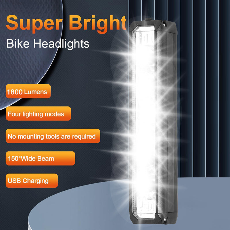 EcoBike 1800 Lumen front bike light close-up showing Type-C charging port, aluminium housing and German anti-glare beam – LED rechargeable bicycle light