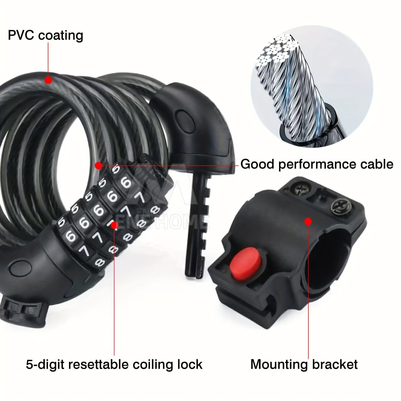 EcoBike 5-digit combination cable bike lock with handlebar mounting bracket — combo bike lock Australia EcoBike
