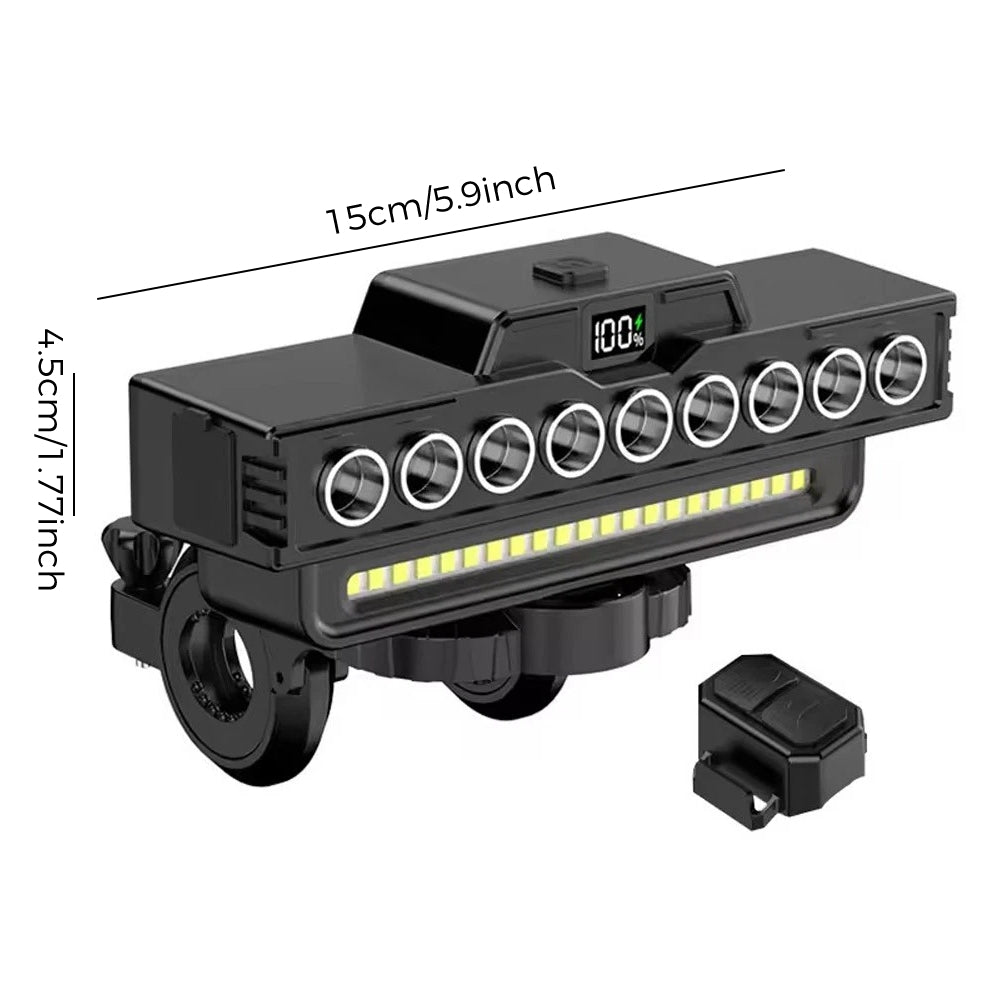 EcoBike 7 LED COB front bike light dimensions 15cm x 4.5cm with wireless remote control — USB rechargeable bicycle headlight with digital battery display — bike lights Australia