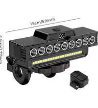 EcoBike 7 LED COB front bike light dimensions 15cm x 4.5cm with wireless remote control — USB rechargeable bicycle headlight with digital battery display — bike lights Australia