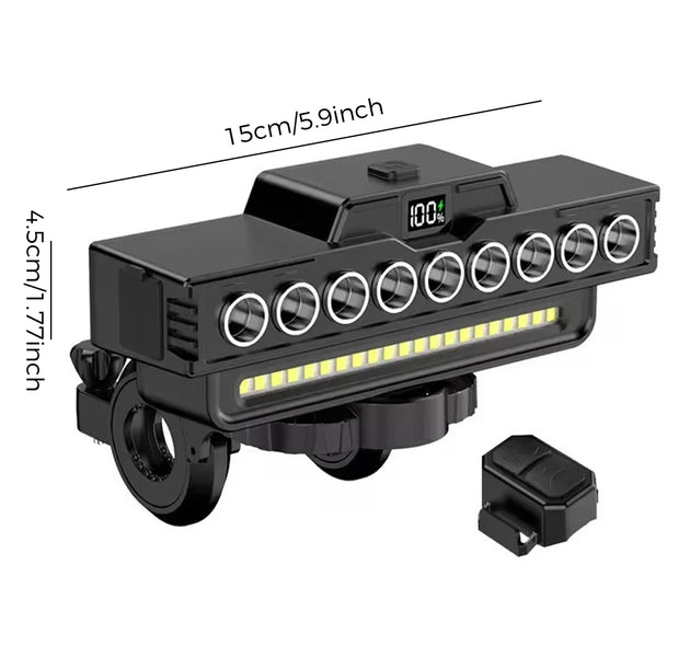 EcoBike front and rear bike light set — 7 LED COB front headlight with digital display, red rear tail light, wireless remote and USB charging cables — rechargeable bicycle lights Australia