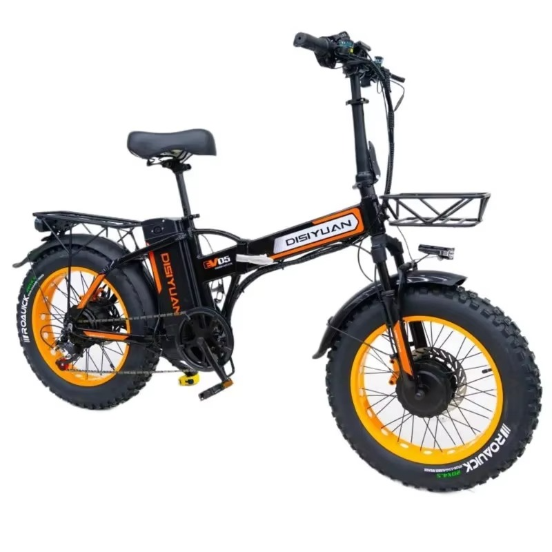 EcoBike EV-D5 500W folding fat tyre electric bike black and orange — 48V 20Ah battery, 20 inch all terrain tyres, front basket and rear rack — folding electric bike Australia