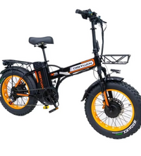 EcoBike EV-D5 500W folding fat tyre electric bike black and orange — 48V 20Ah battery, 20 inch all terrain tyres, front basket and rear rack — folding electric bike Australia