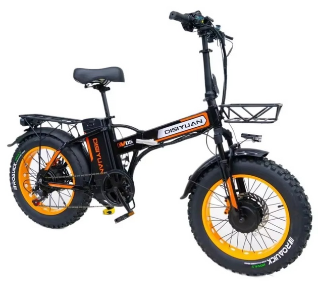 EcoBike EV-D5 500W folding fat tyre electric bike black and orange — 48V 20Ah battery, 20 inch all terrain tyres, front basket and rear rack — folding electric bike Australia