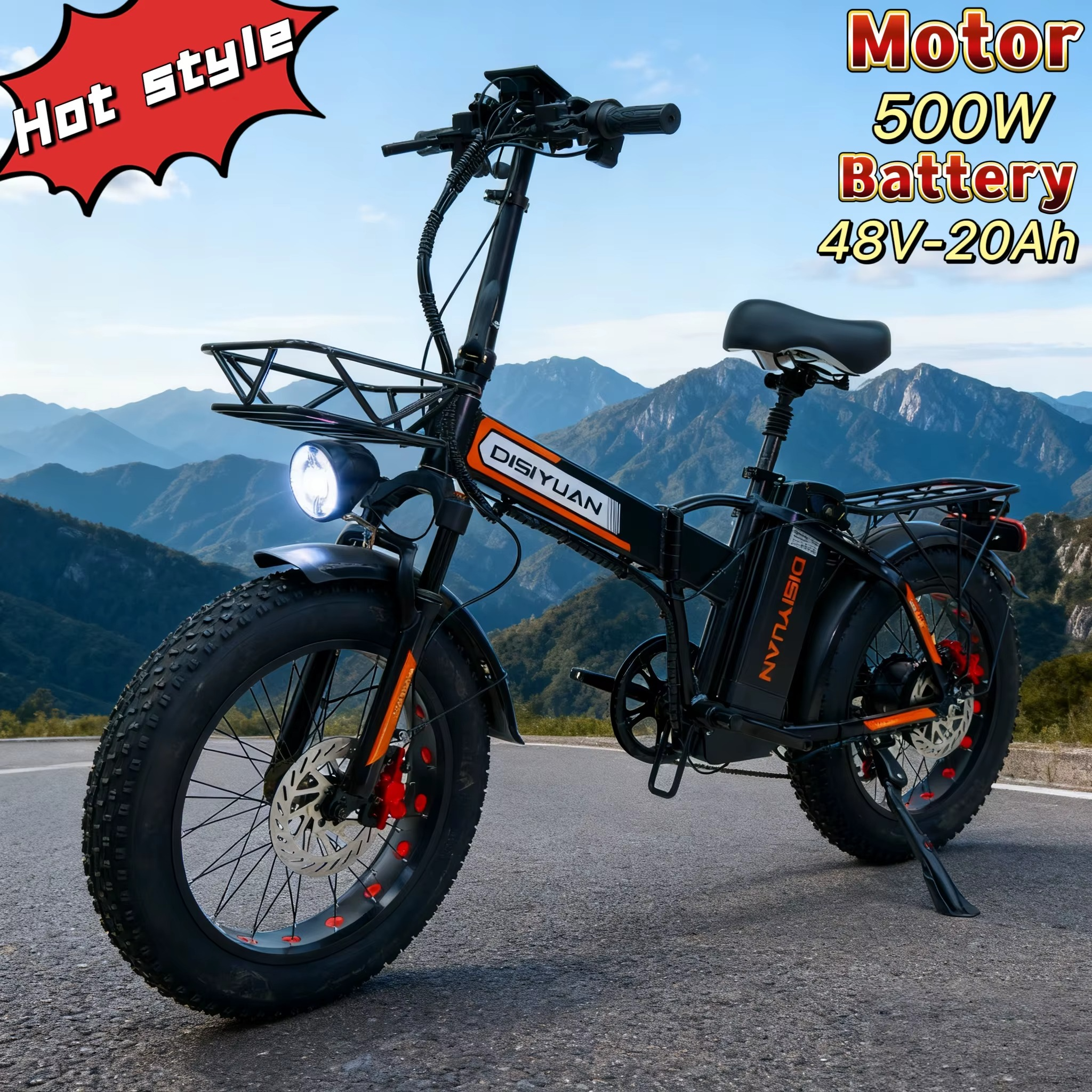 EcoBike EV-D5 500W motor 48V 20Ah folding fat tyre electric bike on mountain road — powerful fold-up e-bike for trails and commuting — electric folding bikes Australia