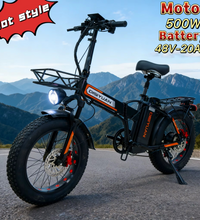 EcoBike EV-D5 500W motor 48V 20Ah folding fat tyre electric bike on mountain road — powerful fold-up e-bike for trails and commuting — electric folding bikes Australia