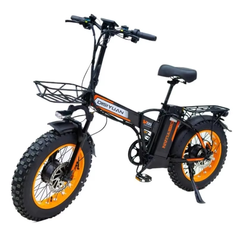 EcoBike EV-D5 folding electric fat bike front view showing front basket, LED headlight and 20 inch fat tyres — lightweight folding electric bike Australia for sale