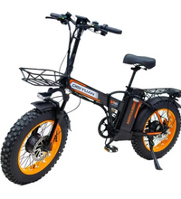 EcoBike EV-D5 folding electric fat bike front view showing front basket, LED headlight and 20 inch fat tyres — lightweight folding electric bike Australia for sale