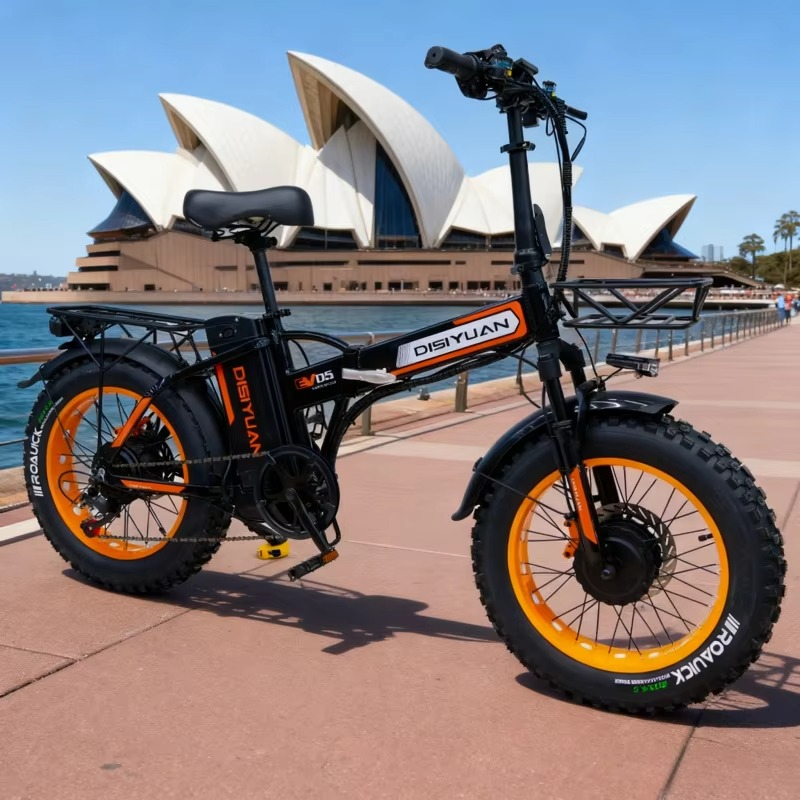 EcoBike EV-D5 folding fat tyre e-bike parked at Sydney Opera House — 500W fold-up electric bike for Australian commuters and riders — best folding electric bike Australia