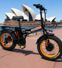 EcoBike EV-D5 folding fat tyre e-bike parked at Sydney Opera House — 500W fold-up electric bike for Australian commuters and riders — best folding electric bike Australia