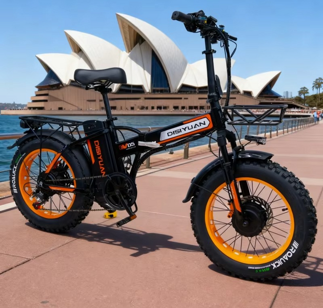 EcoBike EV-D5 500W folding fat tyre electric bike black and orange — 48V 20Ah battery, 20 inch all terrain tyres, front basket and rear rack — folding electric bike Australia