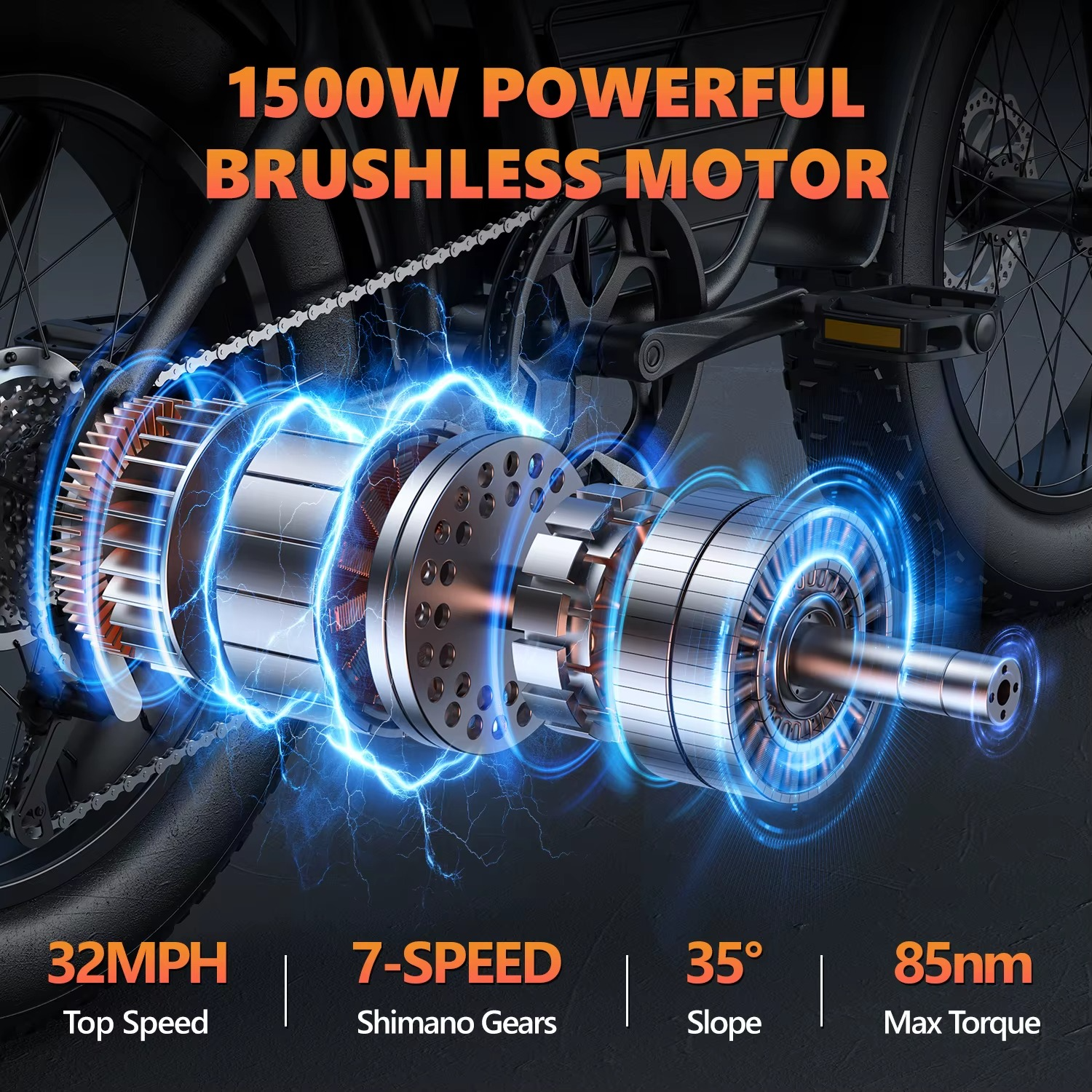 EcoBike G2 1500W powerful brushless motor — 32MPH top speed, Shimano 7-speed gears, 35 degree climbing slope, 85Nm maximum torque — fat tyre electric bike motor Australia