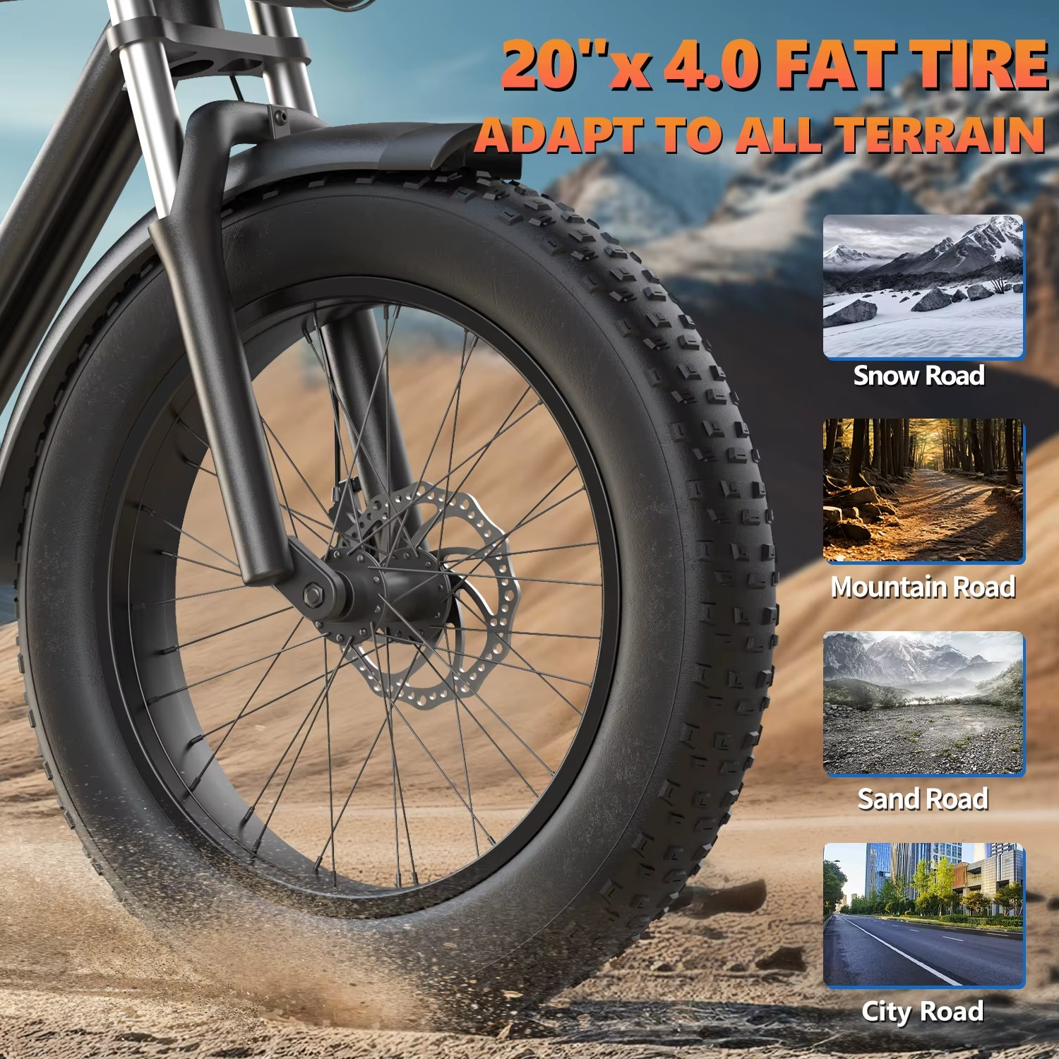 EcoBike G2 20x4.0 all-terrain fat tyres riding on sand — adapts to snow road, mountain road, sand track and city road — fat tyre electric bike Australia all-terrain capability