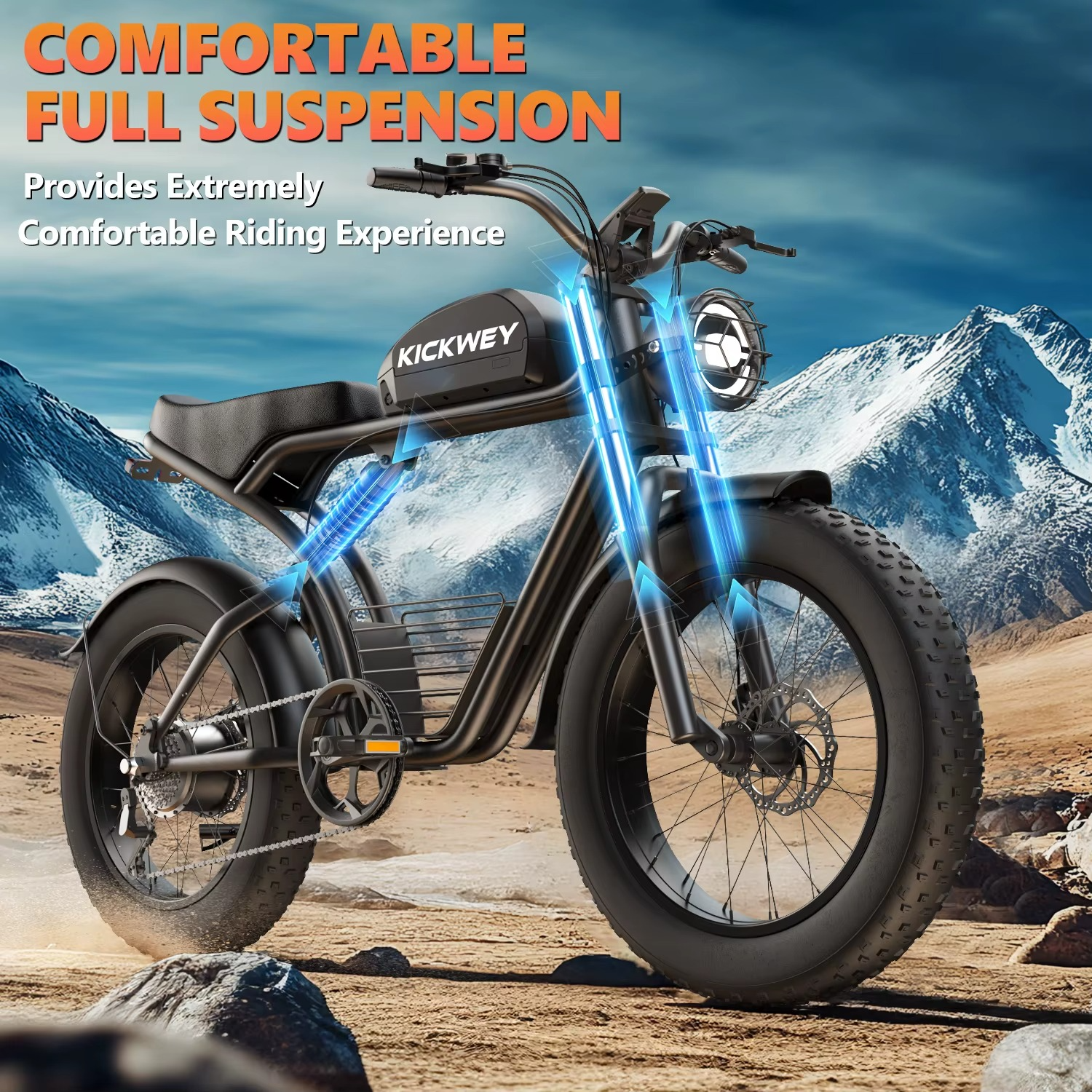 EcoBike G2 full suspension fat tyre electric bike on mountain terrain — front fork and rear shock absorption for extremely comfortable off-road riding — fat tyre e-bike full suspension Australia