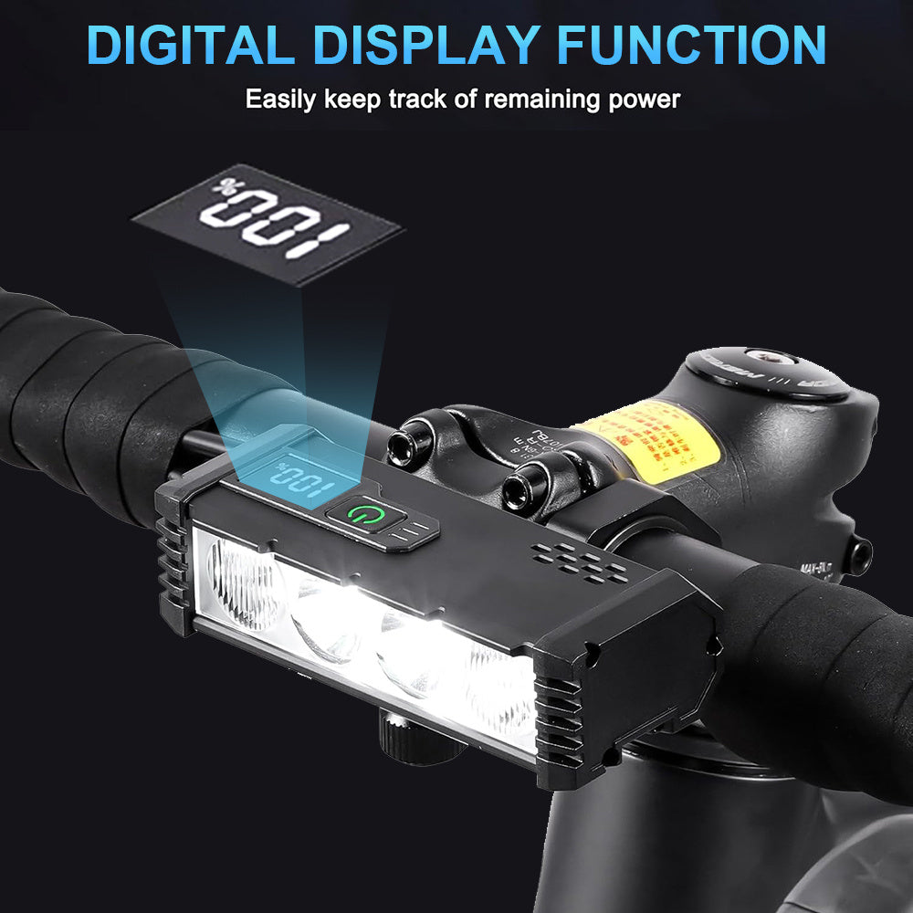 EcoBike LED bicycle headlight product details — full metal shell, high-quality handlebar bracket, digital display, Type-C USB charging port — front bike light Australia