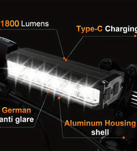 EcoBike LED bike light bar with USB Type-C charging cable – rechargeable front bicycle light for mountain bike, road bike and e-bike – ships Australia-wide