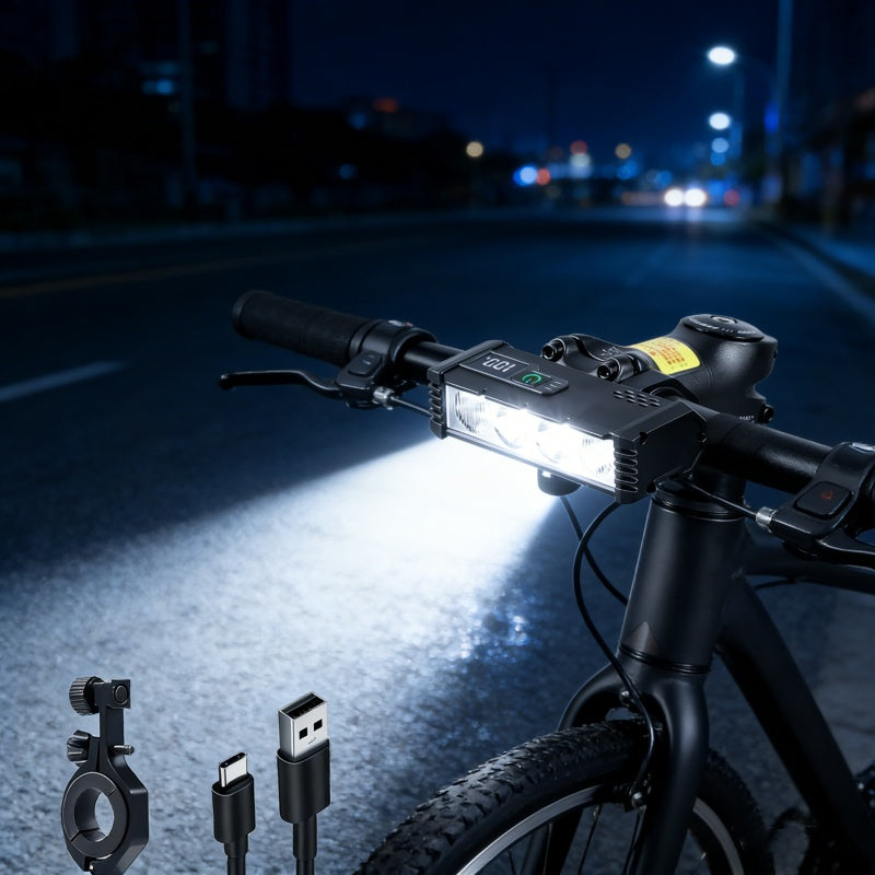 EcoBike LED front bike light mounted on mountain bike handlebars at night with USB Type-C cable and handlebar bracket — rechargeable bicycle headlight ships Australia-wide
