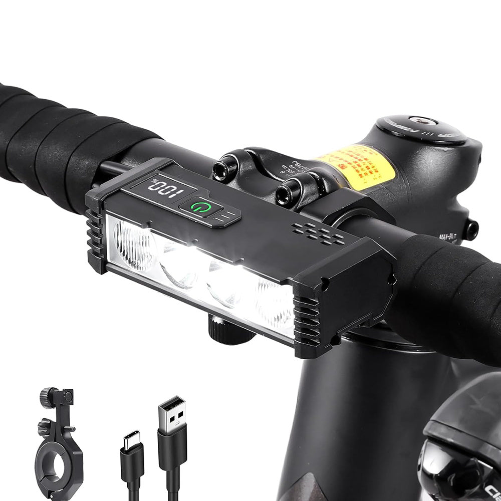 EcoBike LED front bike light showing four lighting modes — Spotlight 2.5h, Floodlight 2h, All Light 1h, Strobe 3h — USB rechargeable bicycle headlight Australia