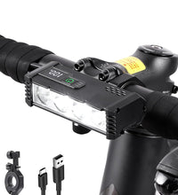 EcoBike LED front bike light showing four lighting modes — Spotlight 2.5h, Floodlight 2h, All Light 1h, Strobe 3h — USB rechargeable bicycle headlight Australia