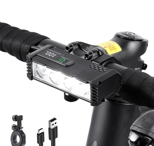 EcoBike LED front bike light showing four lighting modes — Spotlight 2.5h, Floodlight 2h, All Light 1h, Strobe 3h — USB rechargeable bicycle headlight Australia
