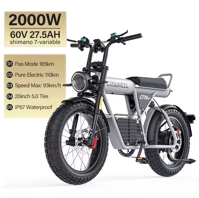 EcoBike Pro Max 2000W fat tyre electric bike silver — 60V 27.5AH battery, 165km PAS range, 93km/h top speed, 20 inch 5.0 fat tyres, IP67 waterproof — best fat tyre e-bike Australia