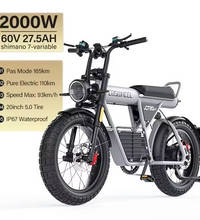 EcoBike Pro Max 2000W fat tyre electric bike silver — 60V 27.5AH battery, 165km PAS range, 93km/h top speed, 20 inch 5.0 fat tyres, IP67 waterproof — best fat tyre e-bike Australia