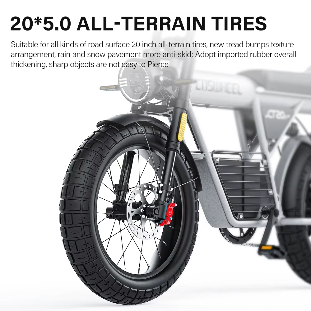 EcoBike Pro Max 20x5.0 all-terrain fat tyres close-up showing anti-skid tread pattern and thickened puncture-resistant rubber — fat tyre electric bike Australia off-road