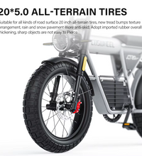 EcoBike Pro Max 20x5.0 all-terrain fat tyres close-up showing anti-skid tread pattern and thickened puncture-resistant rubber — fat tyre electric bike Australia off-road