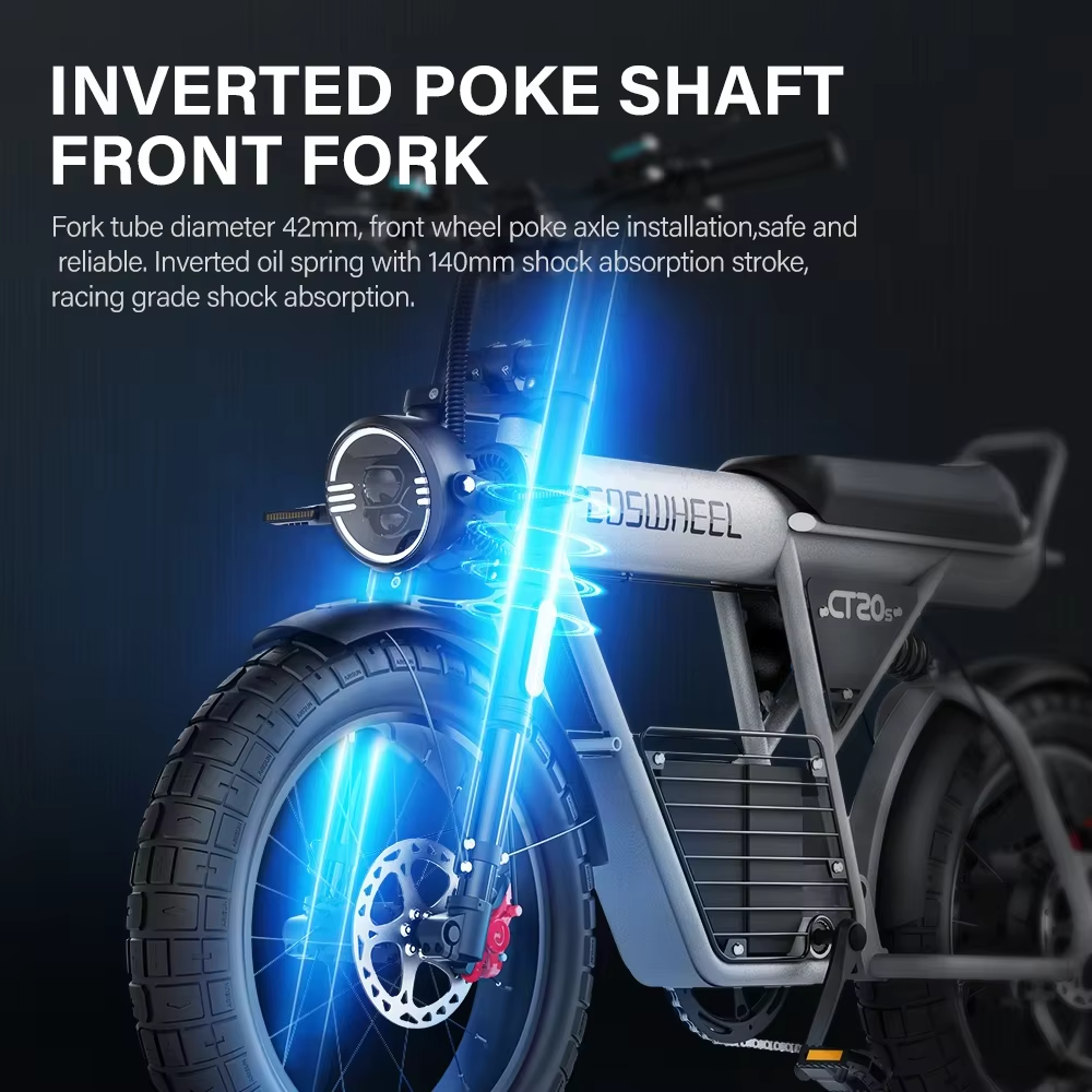 EcoBike Pro Max 42mm inverted front fork suspension with 140mm shock absorption stroke and LED headlight — racing-grade fat tyre electric mountain bike suspension Australia