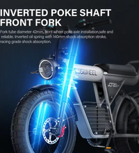 EcoBike Pro Max 42mm inverted front fork suspension with 140mm shock absorption stroke and LED headlight — racing-grade fat tyre electric mountain bike suspension Australia