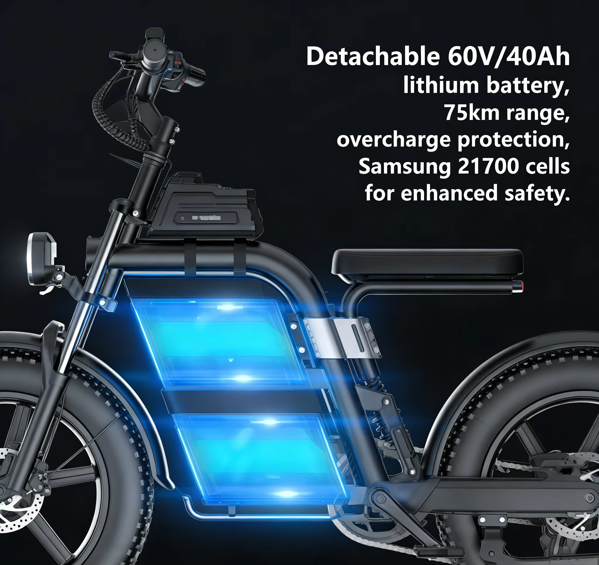 EcoBike S4 detachable 60V 40AH dual lithium battery with Samsung 21700 cells — 75km range, overcharge protection, enhanced safety — fat tyre electric bike battery Australia