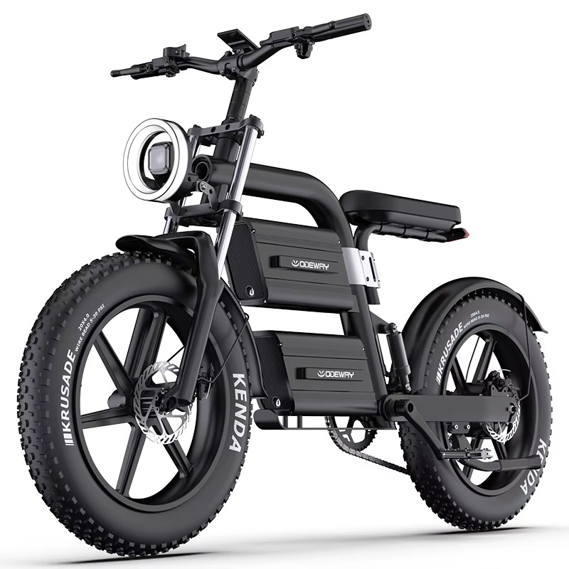 EcoBike S4 fat tyre electric bike with Kenda Krusade 20x4.0 all-terrain tyres, moto-style black frame and dual frame-integrated battery — fat tyre e-bike Australia