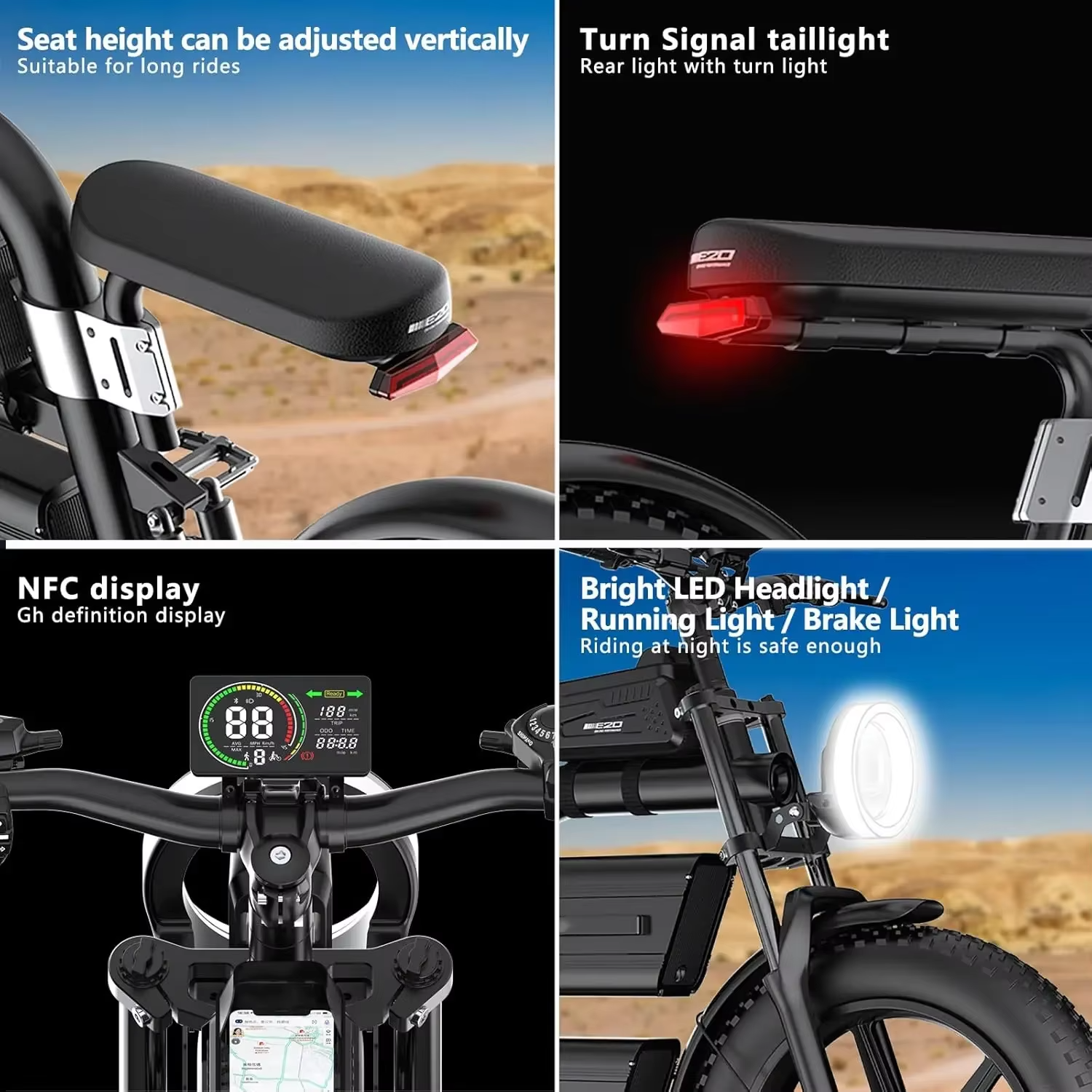 EcoBike S4 features — adjustable seat height, turn signal taillight, NFC high definition display and bright LED headlight running brake light — fat tyre electric bike features Australia