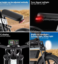 EcoBike S4 features — adjustable seat height, turn signal taillight, NFC high definition display and bright LED headlight running brake light — fat tyre electric bike features Australia