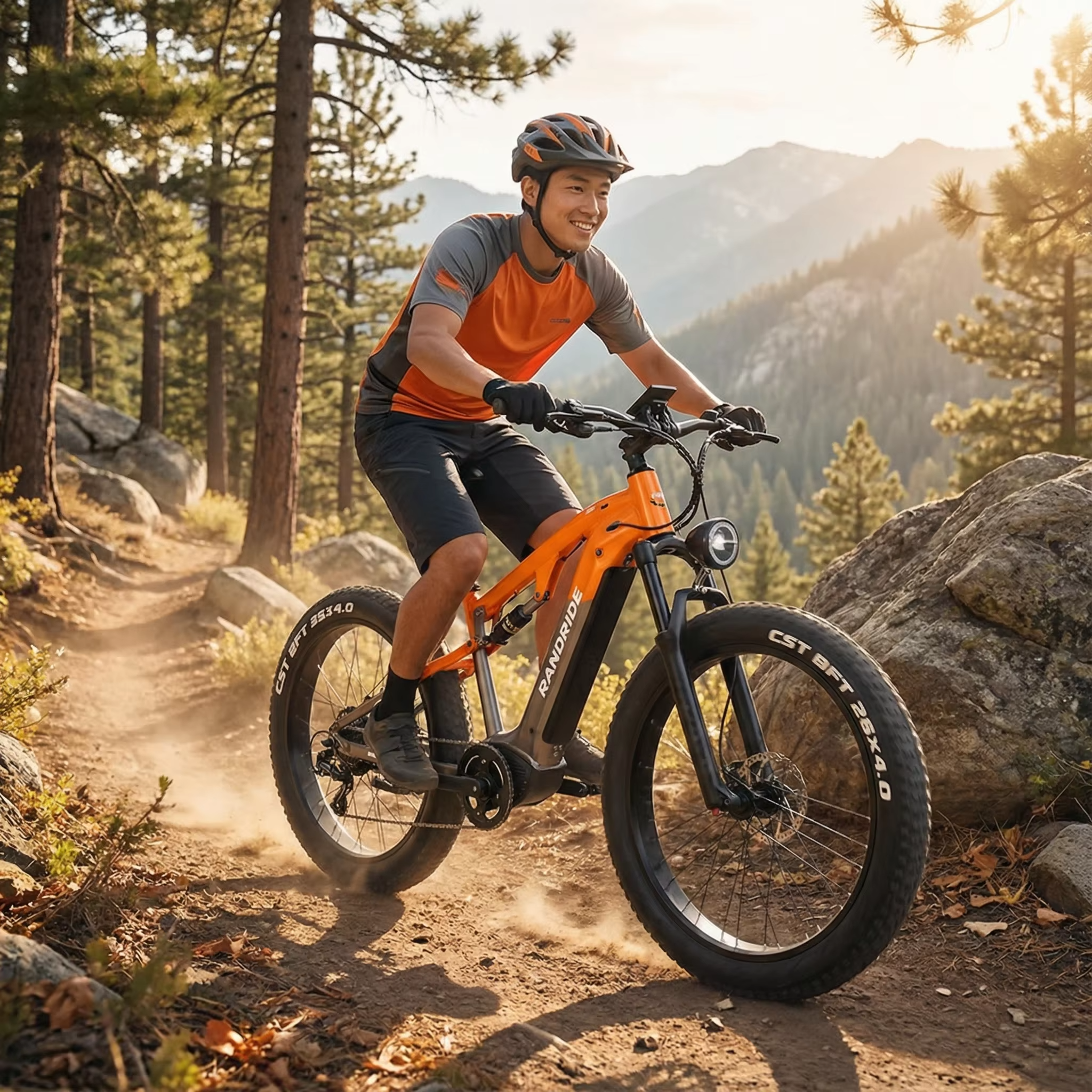 EcoBike Storm fat tyre electric mountain bike rider Australia mountain trail — buy electric mountain bike online free shipping EcoBike