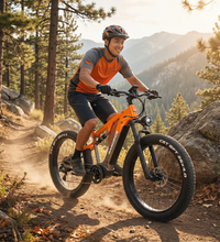 EcoBike Storm fat tyre electric mountain bike rider Australia mountain trail — buy electric mountain bike online free shipping EcoBike