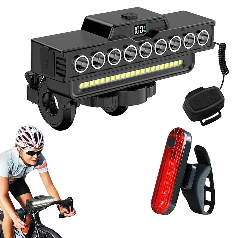 EcoBike complete front and rear bike light set with wireless remote, red rear light and dual USB charging cables — rechargeable LED bicycle lights for mountain road and e-bike Australia