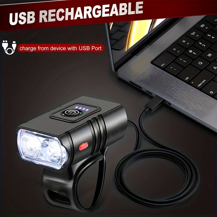 EcoBike dual LED front bicycle headlight dimensions 75mm x 58mm x 40mm with universal rubber strap handlebar mount — compact rechargeable bike light Australia