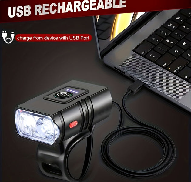 EcoBike dual LED front bike light charging via USB port from laptop — USB rechargeable bicycle headlight with battery indicator and red side light — bike lights Australia