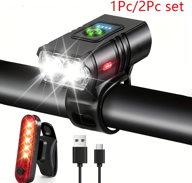 EcoBike dual LED front bike light charging via USB port from laptop — USB rechargeable bicycle headlight with battery indicator and red side light — bike lights Australia