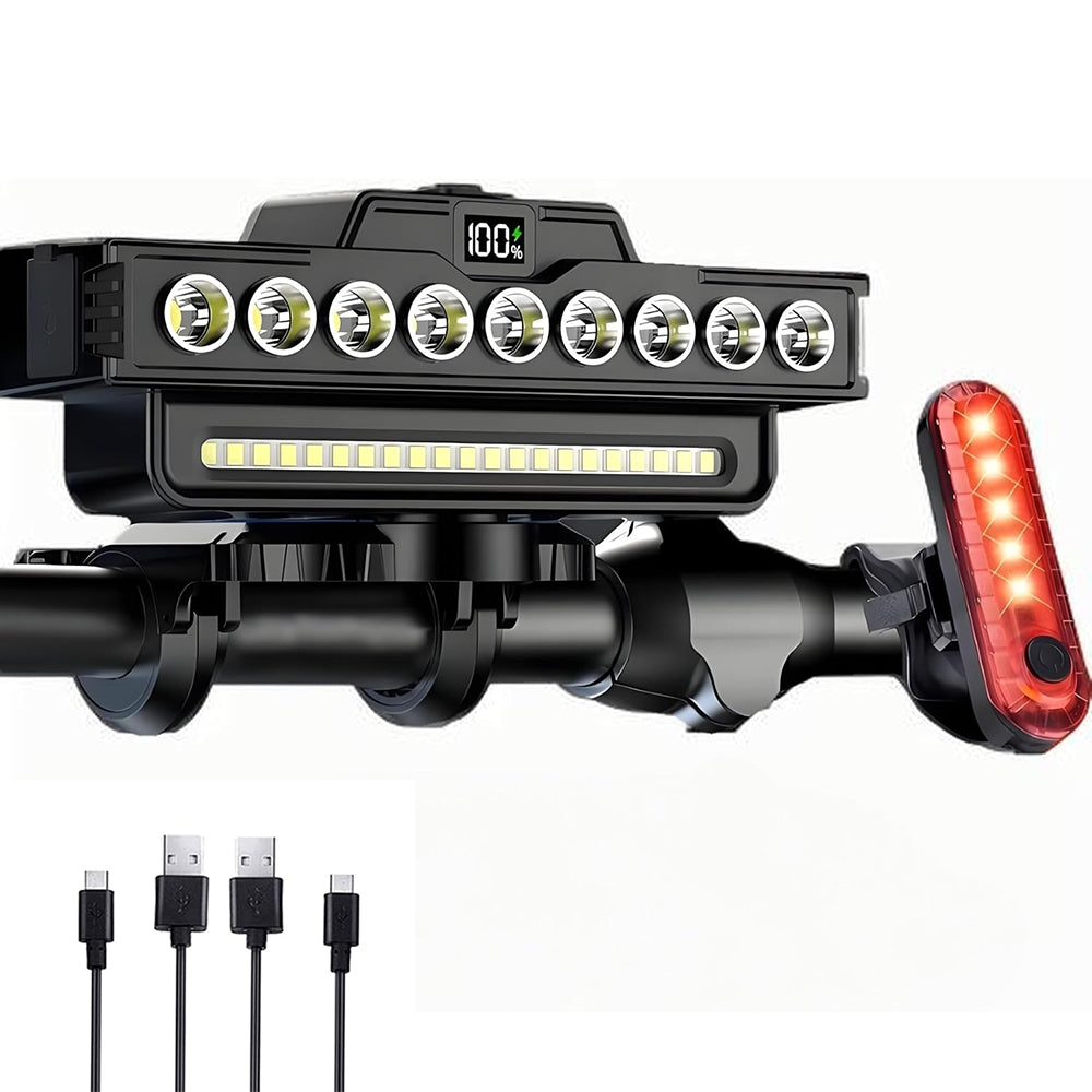 EcoBike front and rear bicycle light set in use — female cyclist riding road bike at night with 7 LED COB headlight and red rear tail light — best bike lights set Australia