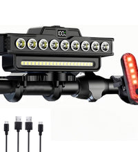 EcoBike front and rear bicycle light set in use — female cyclist riding road bike at night with 7 LED COB headlight and red rear tail light — best bike lights set Australia