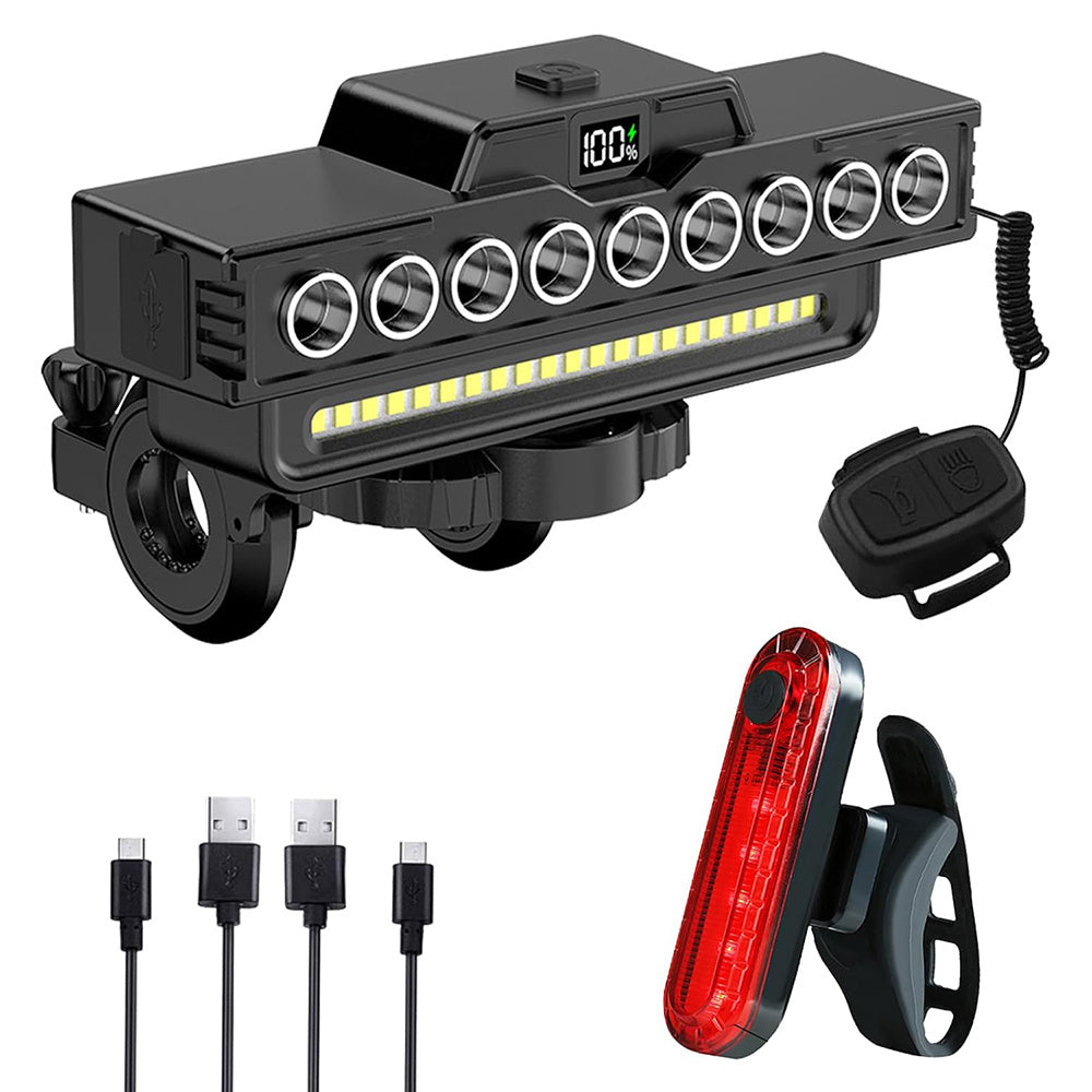EcoBike front and rear bike light set — 7 LED COB front headlight with digital display, red rear tail light, wireless remote and USB charging cables — rechargeable bicycle lights Australia