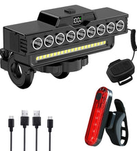 EcoBike front and rear bike light set — 7 LED COB front headlight with digital display, red rear tail light, wireless remote and USB charging cables — rechargeable bicycle lights Australia