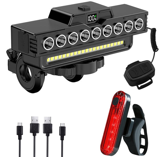 EcoBike front and rear bike light set — 7 LED COB front headlight with digital display, red rear tail light, wireless remote and USB charging cables — rechargeable bicycle lights Australia